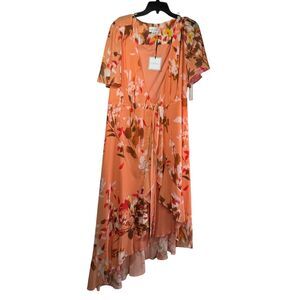 Premier Amore Dress Women's 8 Orange Midi Floral Short Sleeve Fit Flare Cute NWT